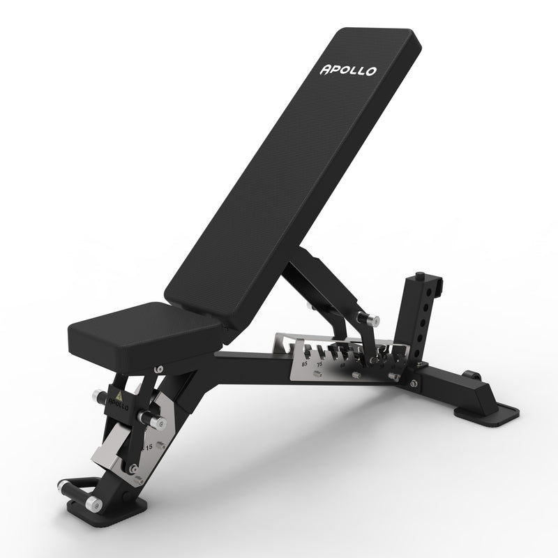 Black adjustable weight bench with 'Apollo' branding on a white background