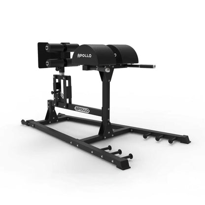 Black weightlifting bench with 'Apollo' branding on a white background
