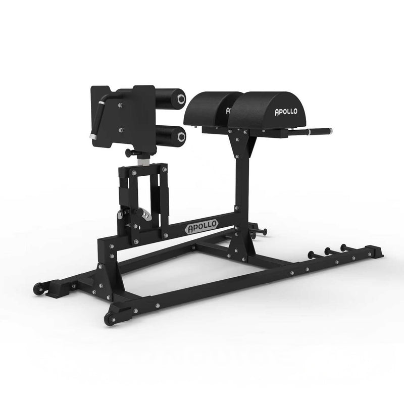 Black weightlifting bench with 'Apollo' branding on a white background