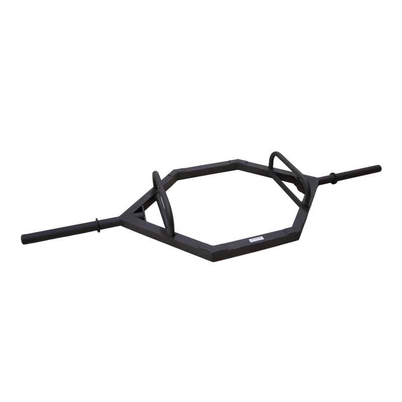 Black hexagonal weightlifting bar on a white background