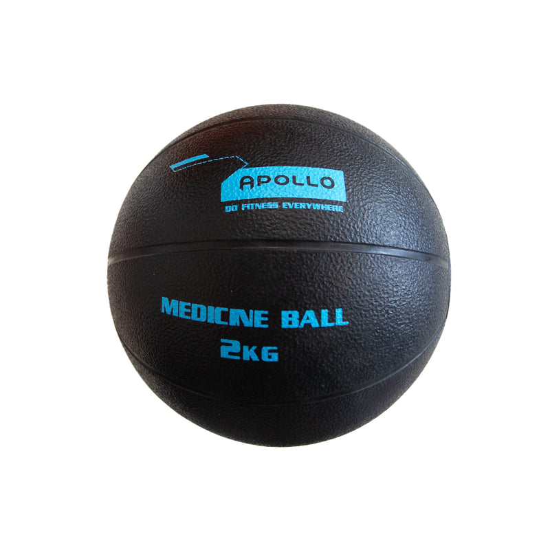 Black medicine ball with blue text and Apollo branding on a white background