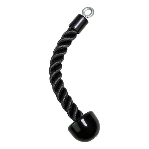 Black twisted rope with a metal ring and black ball on a white background