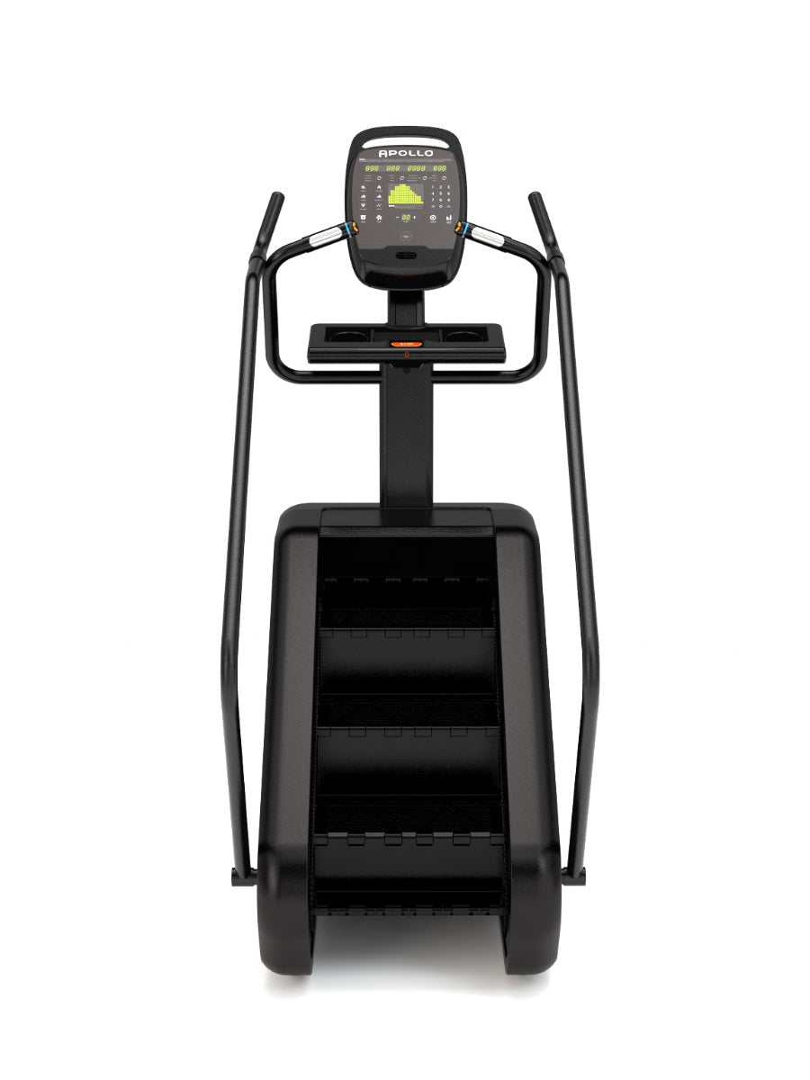 Black exercise bike with digital display on a white background