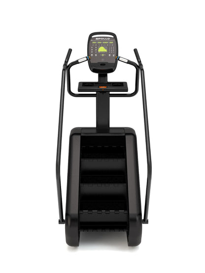 Black exercise bike with digital display on a white background
