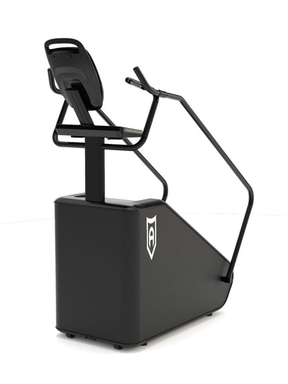 Black exercise machine with a logo on a white background