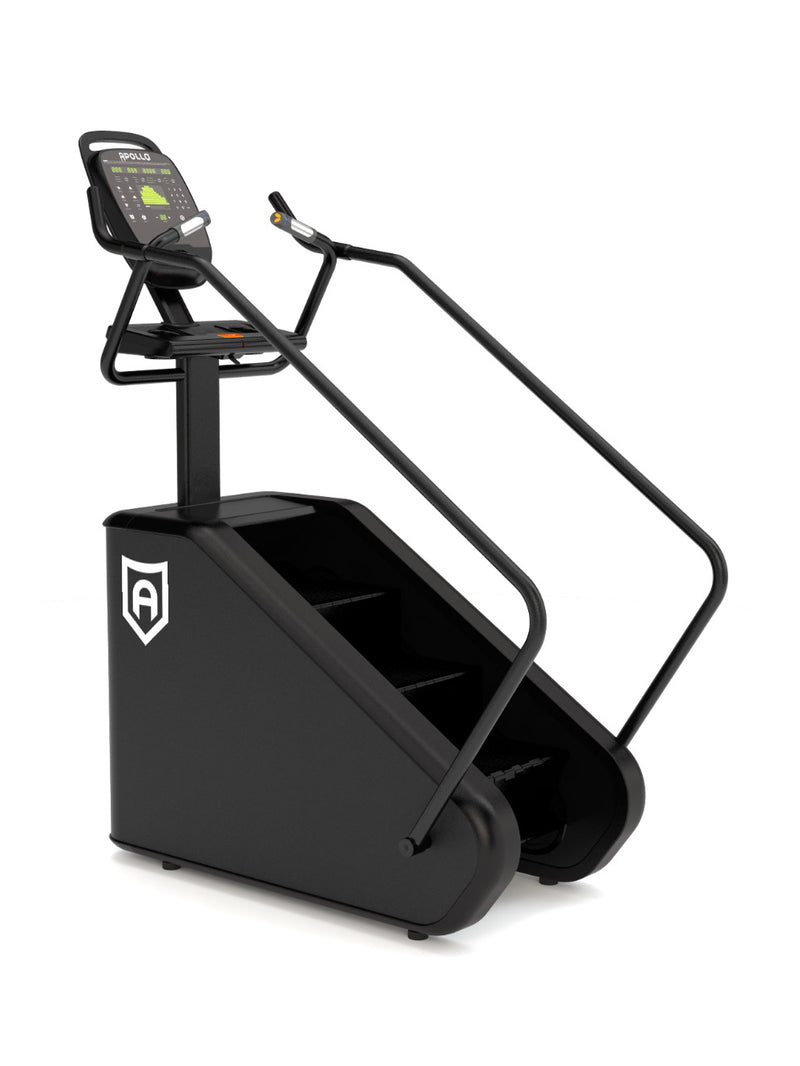 Black treadmill with digital display on a white background