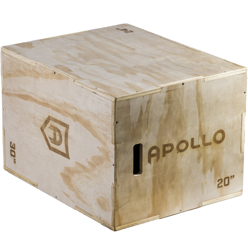 A wooden plyo box with Apollo branding, featuring handles and height indicators.