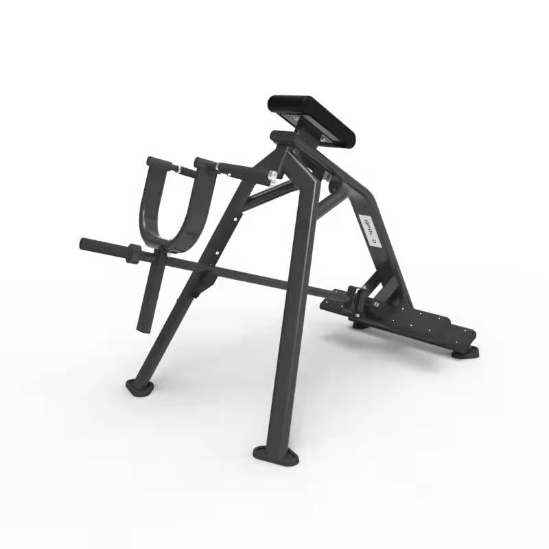 A black T-Bar row platform machine for weight lifting, featuring a backrest and weight adjustment mechanisms.