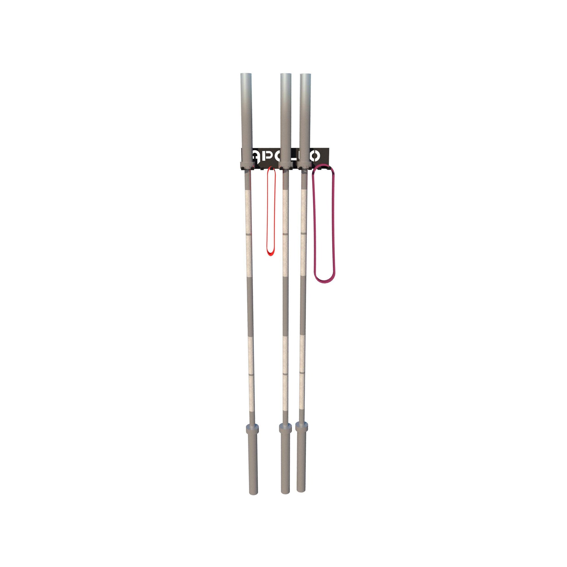 A wall-mounted metal multi-use hanger designed for storing barbells and other fitness equipment.