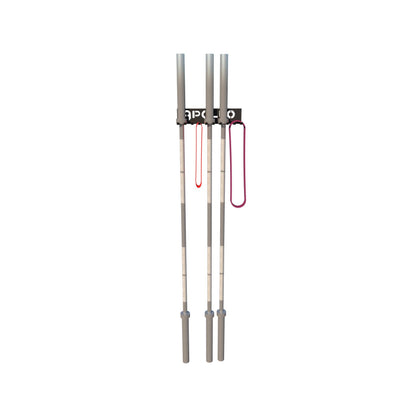 A wall-mounted metal multi-use hanger designed for storing barbells and other fitness equipment.