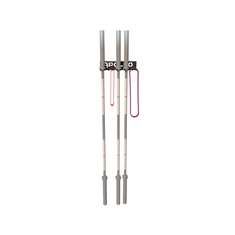 A wall-mounted metal multi-use hanger designed for storing barbells and other fitness equipment.