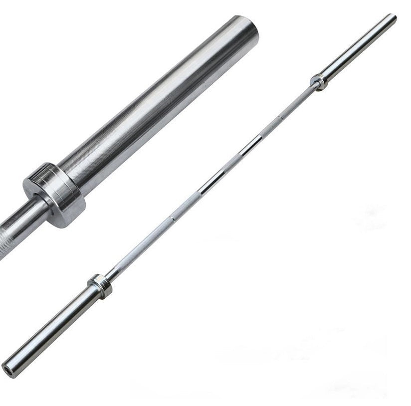 Silver stainless steel shorty bar weightlifting barbell, with a knurled grip and a sleek finish, designed for Olympic lifting.