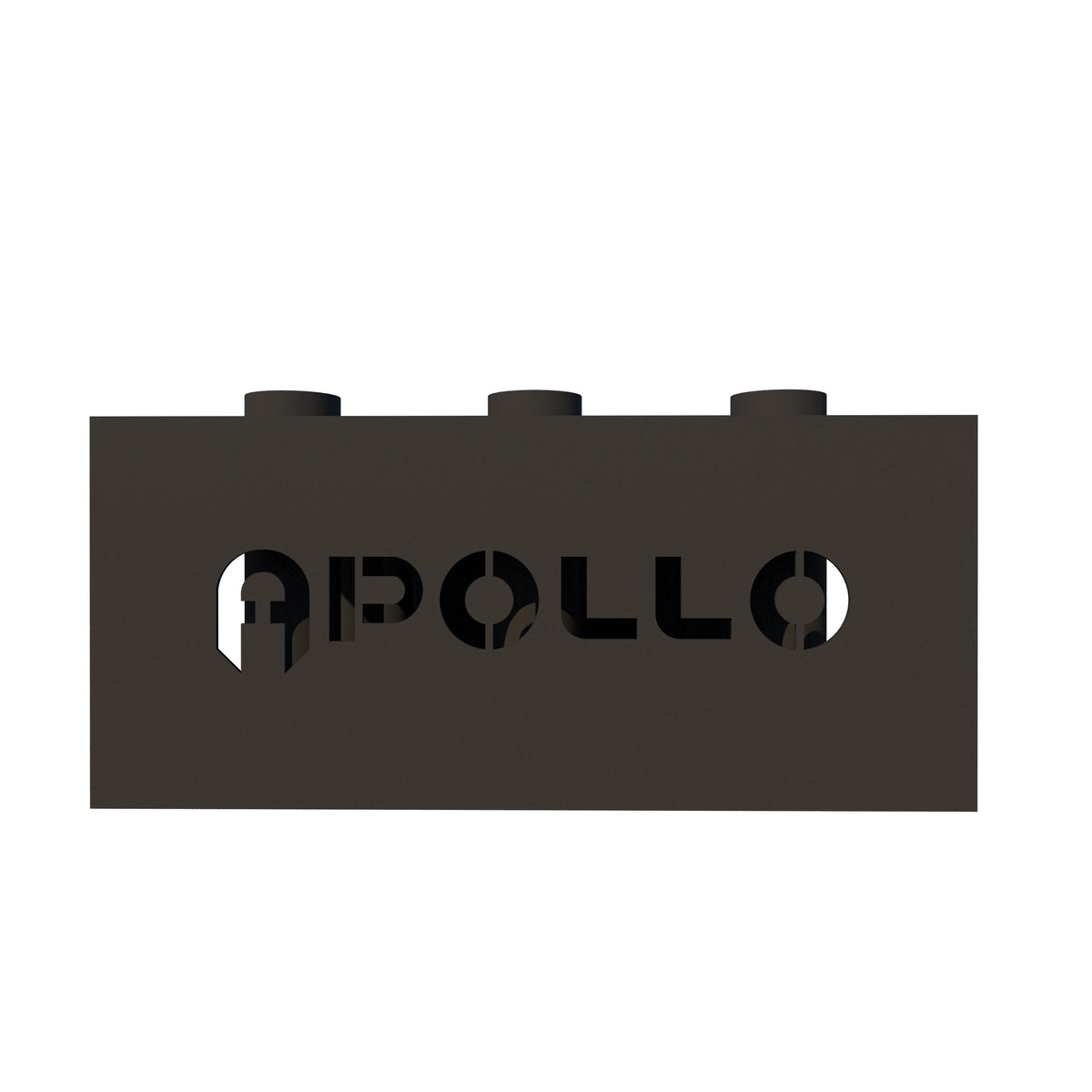 A black iron steel bar storage unit with the brand name 'Apollo' written on the front, featuring multiple holes designed to hold bars securely.