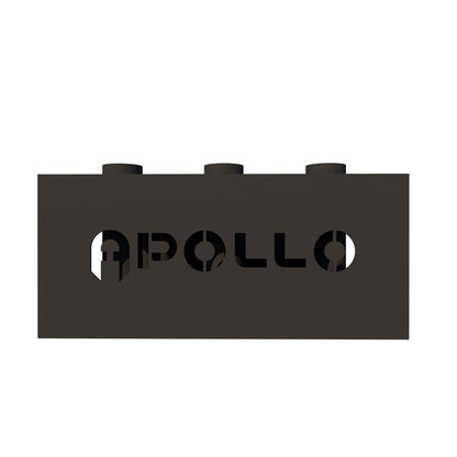 A black iron steel bar storage unit with the brand name 'Apollo' written on the front, featuring multiple holes designed to hold bars securely.