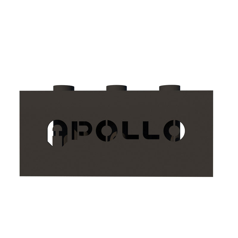 A black iron steel bar storage unit with the brand name 'Apollo' written on the front, featuring multiple holes designed to hold bars securely.
