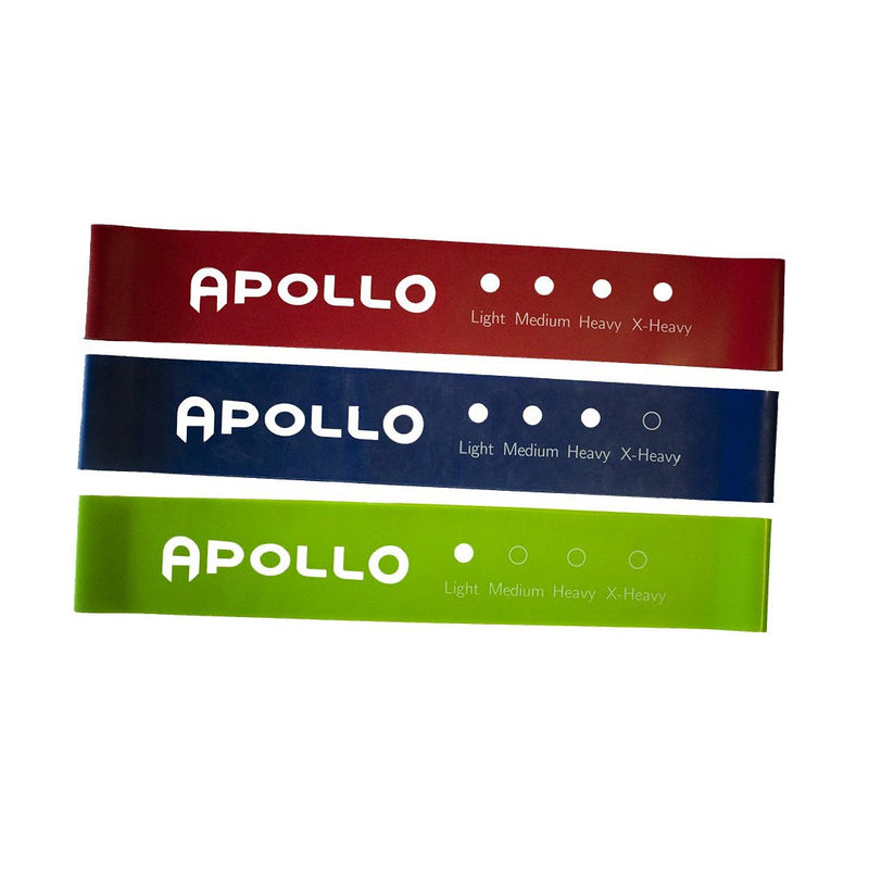 Three Apollo mini bands in red, blue, and green colors, each with the brand name and resistance level indicators printed on them.