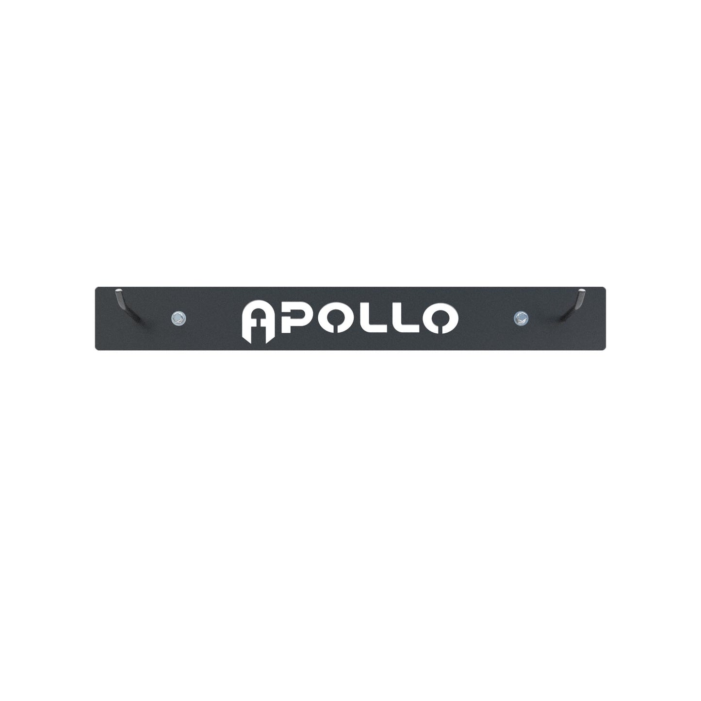 A black wall mounted mat storage rack with the brand name 'Apollo' written in white.