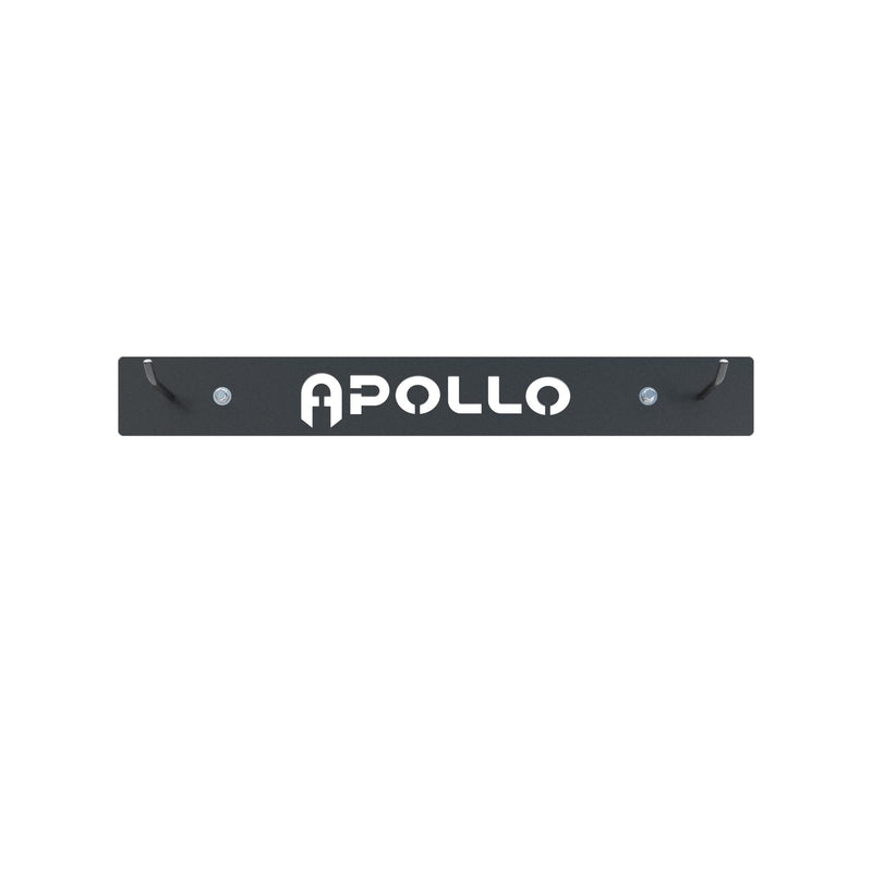 A black wall mounted mat storage rack with the brand name 'Apollo' written in white.