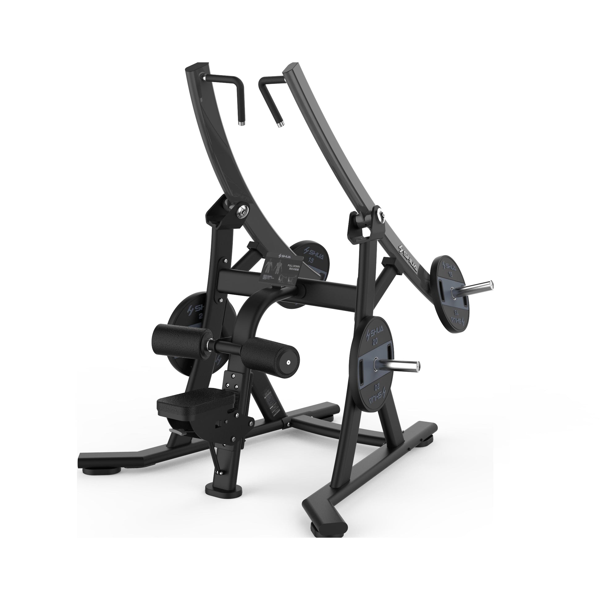 A black plate loaded lat pull-down machine with independently moving arms, featuring a slick design and comfortable ergonomic handles.