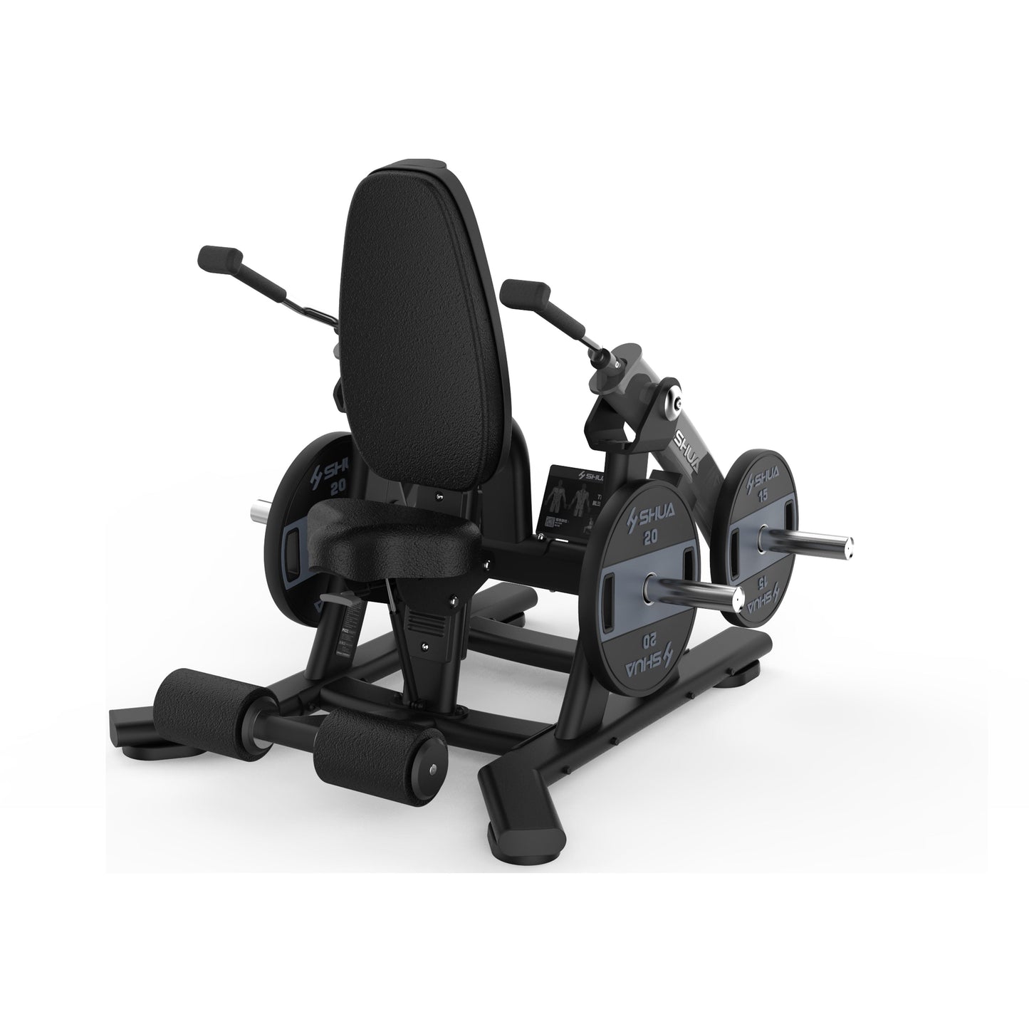 Black plate loaded dip station with adjustable handle and seat, featuring a chest and tricep workout machine.