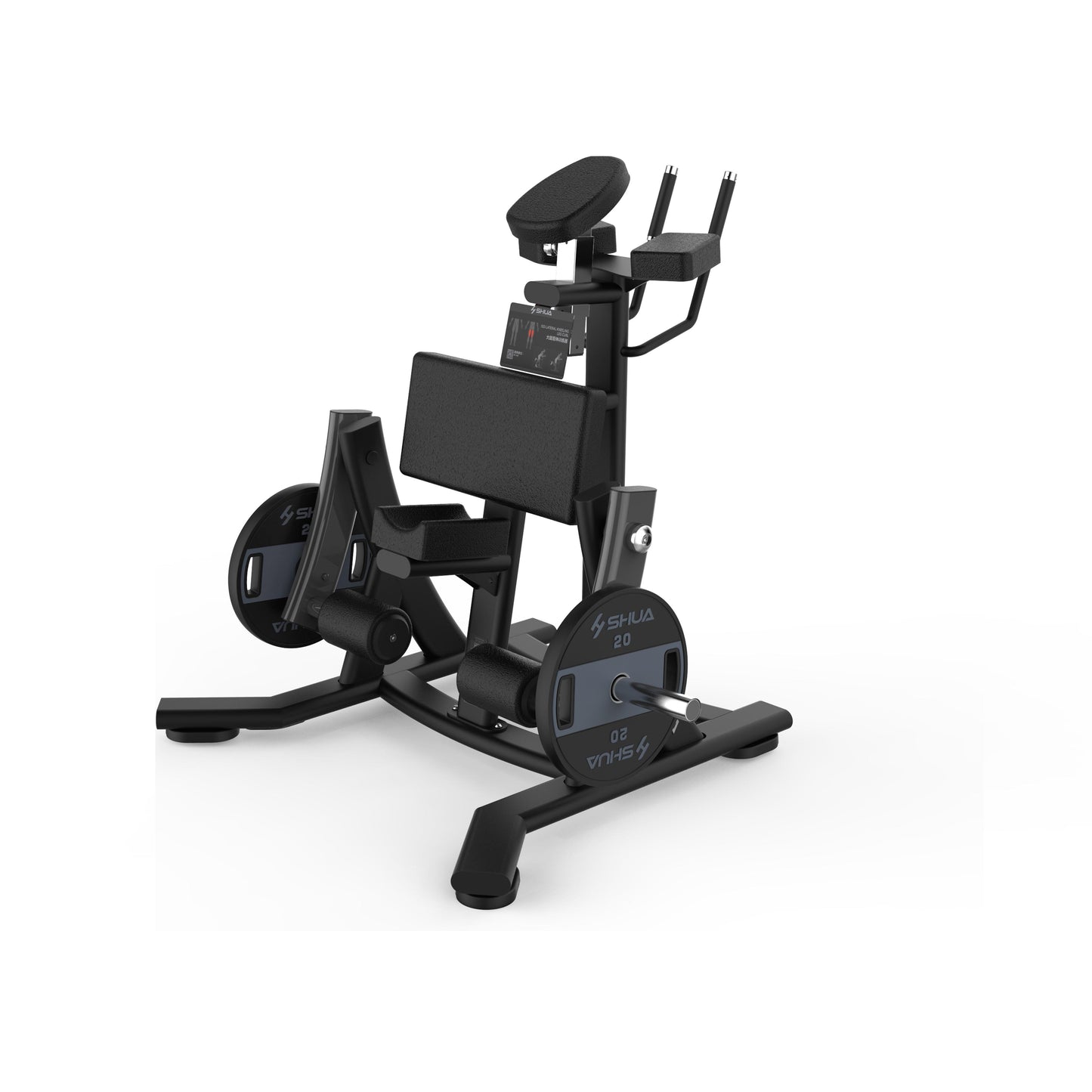 A black and orange plate loaded standing leg curl machine, with a seat cushion and adjustable settings.