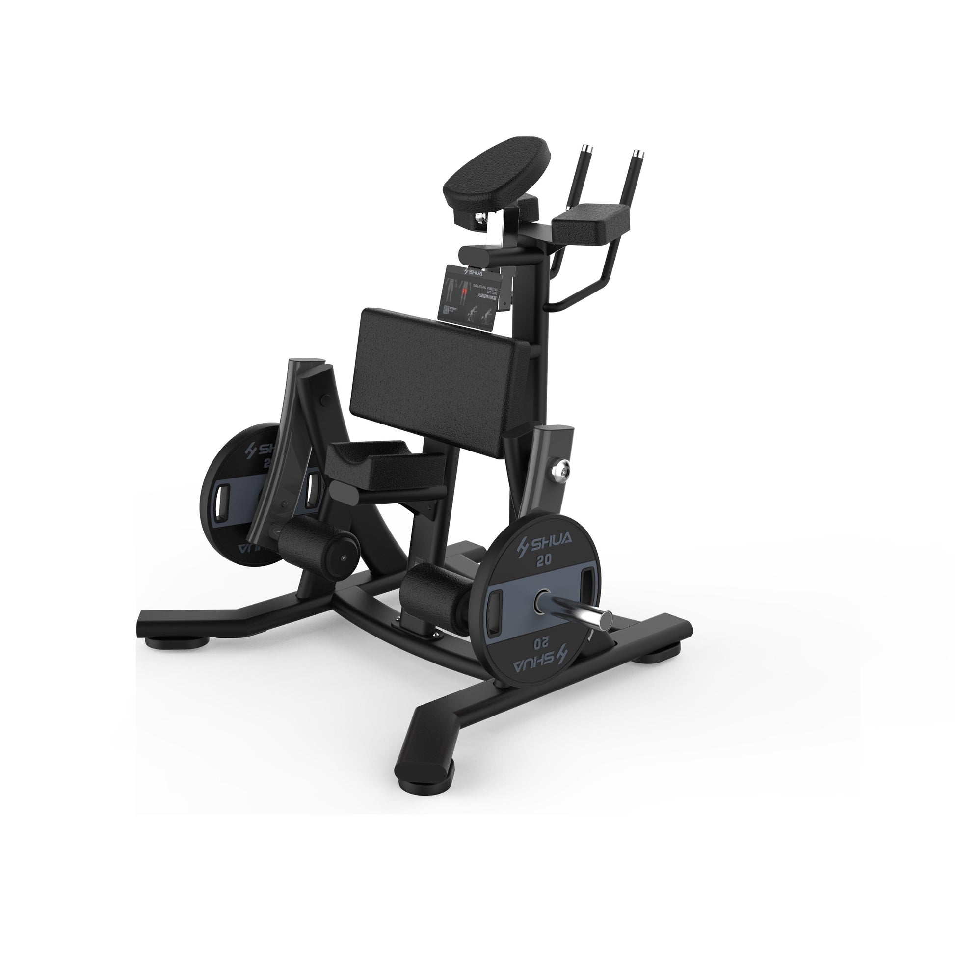 A black and orange plate loaded standing leg curl machine, with a seat cushion and adjustable settings.