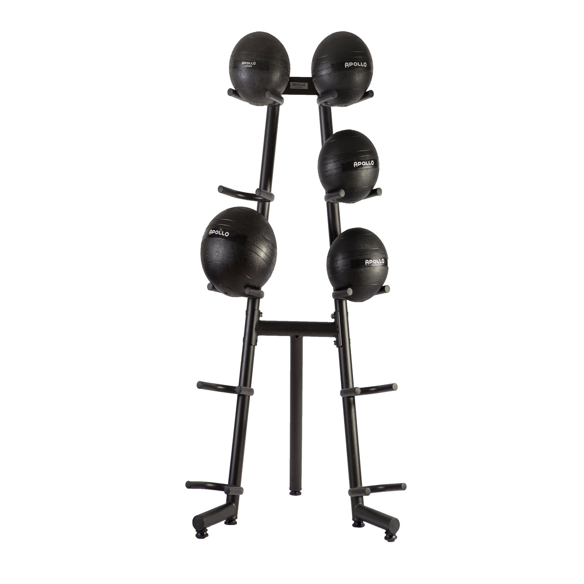 A black metal slam ball rack with multiple compartments, each holding a black slam ball.