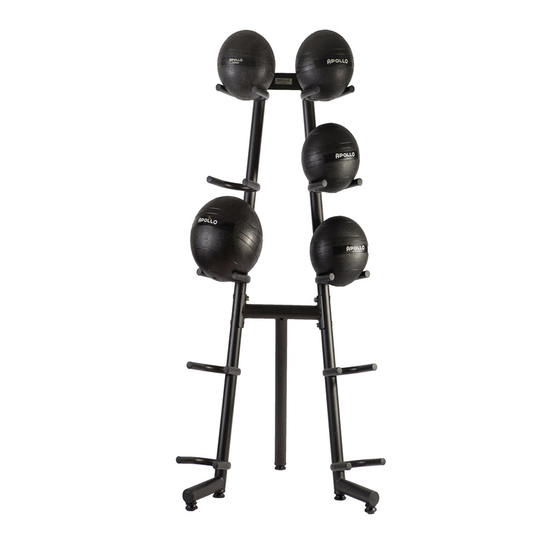 A black metal slam ball rack with multiple compartments, each holding a black slam ball.