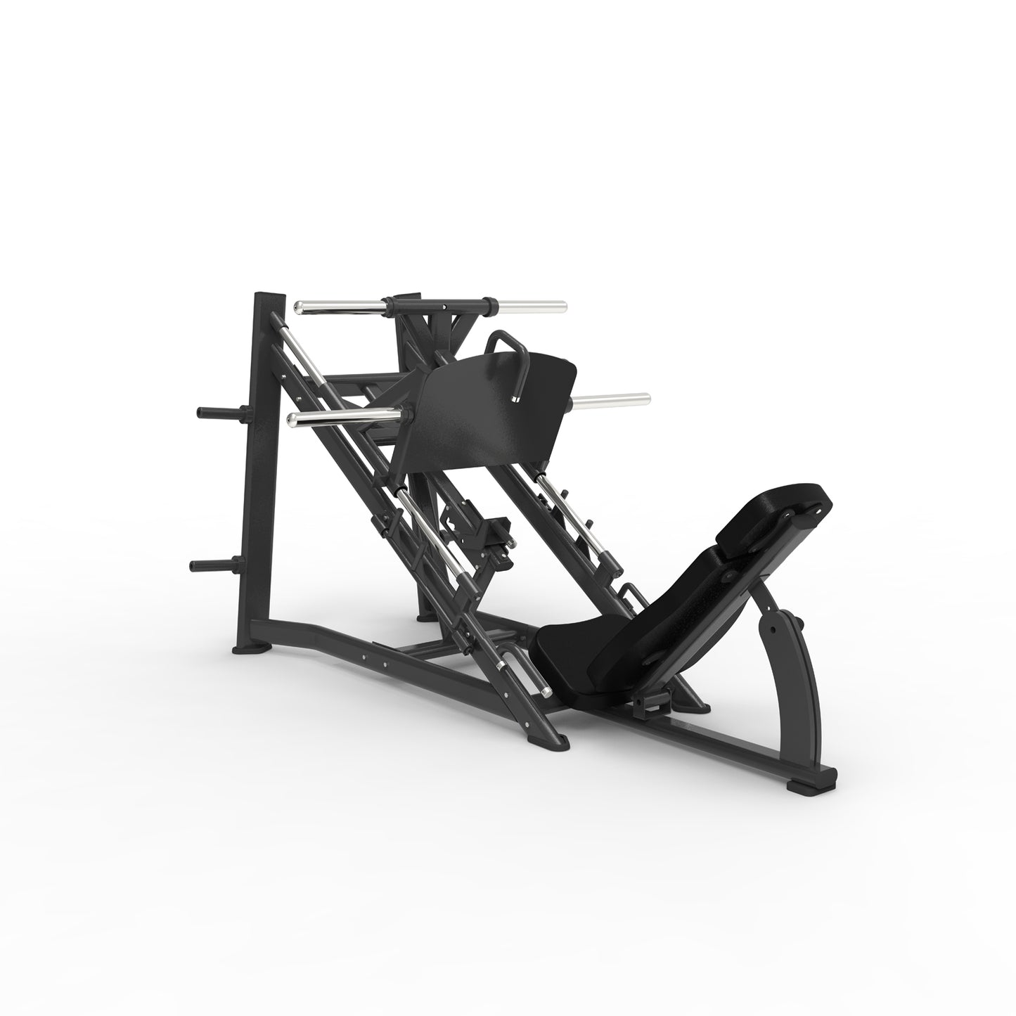 A black leg press machine with a wide gripped foot platform and an adjustable seat, positioned on a white background.