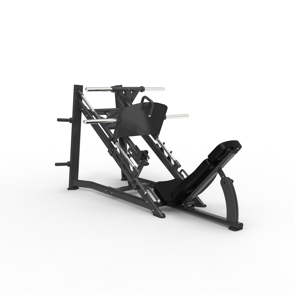 A black leg press machine with a wide gripped foot platform and an adjustable seat, positioned on a white background.