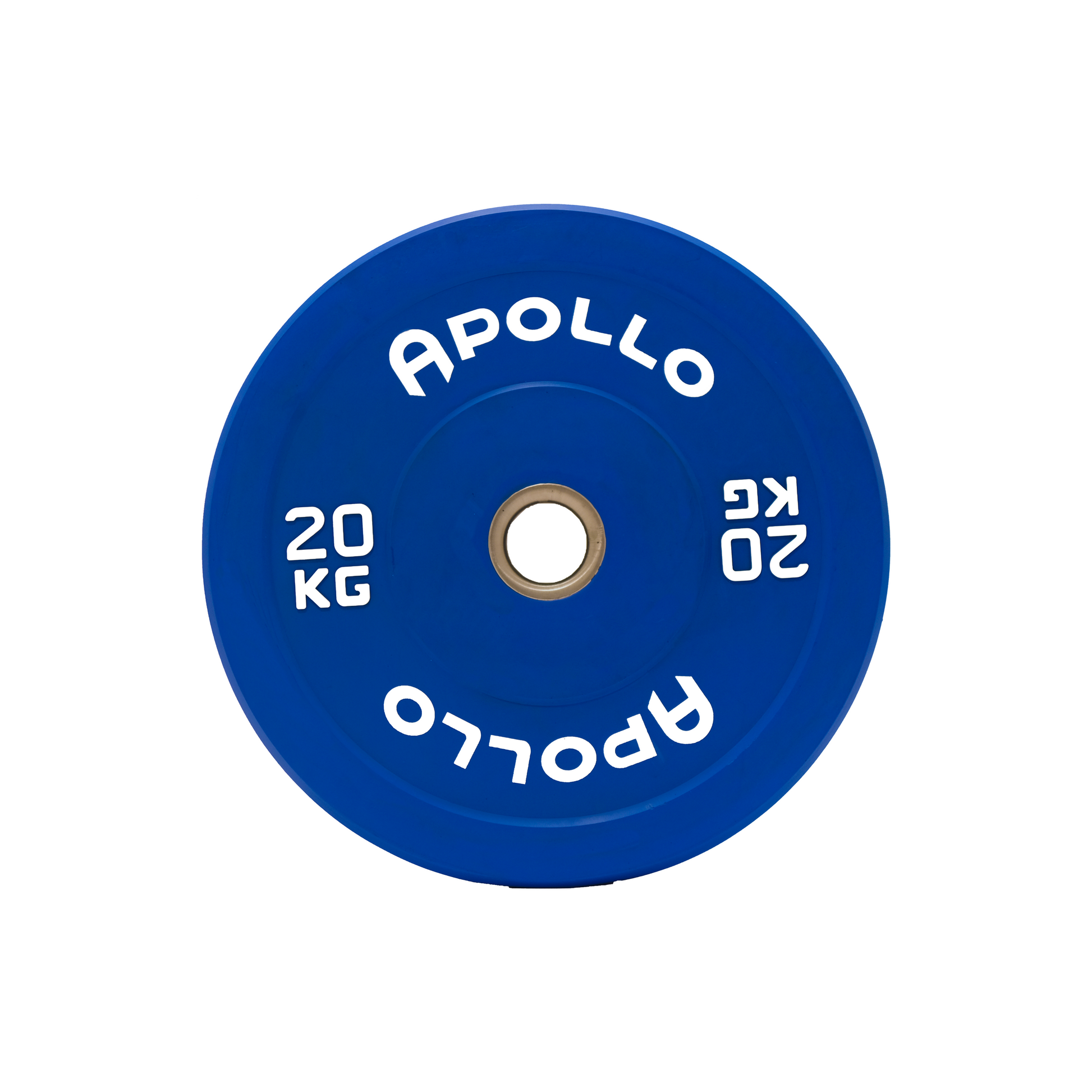 A blue bumper plate weightlifting weight with the brand 'Apollo' and the weight '20 kg' printed on it.