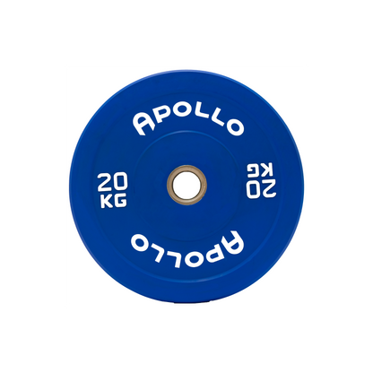 A blue bumper plate weightlifting weight with the brand 'Apollo' and the weight '20 kg' printed on it.