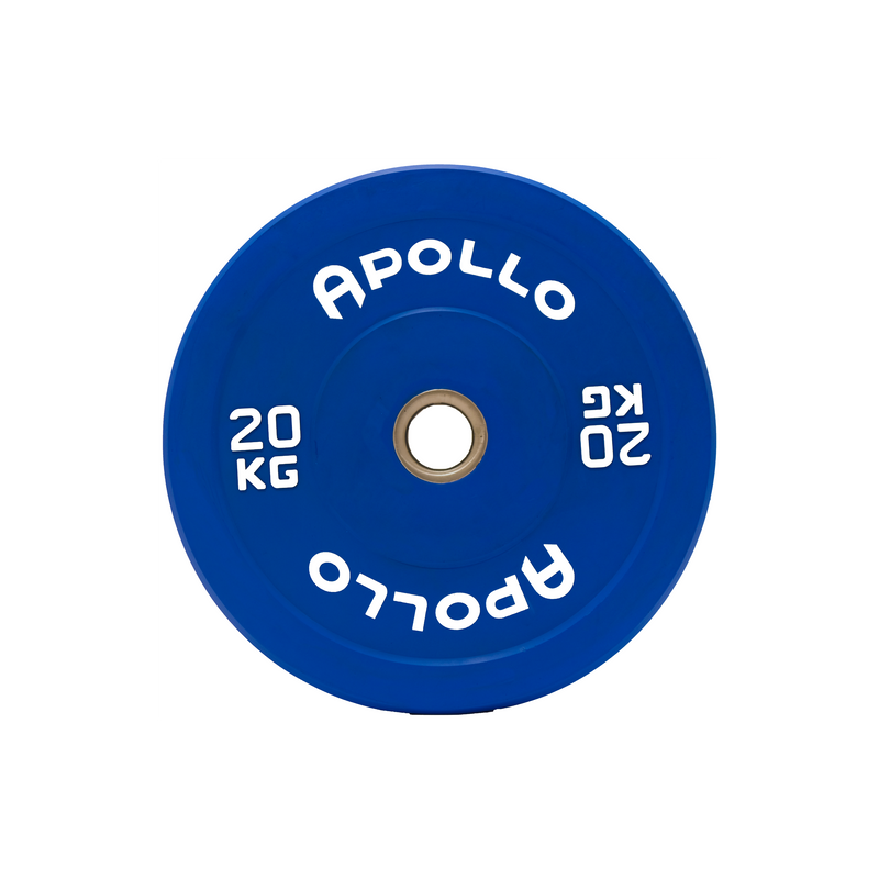 A blue bumper plate weightlifting weight with the brand 'Apollo' and the weight '20 kg' printed on it.