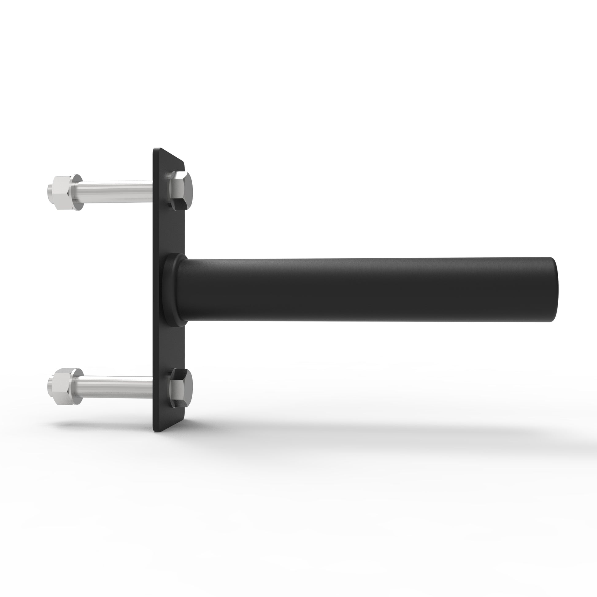 A black steel horn storage bracket for Apollo racks, with two bolt holes for mounting.