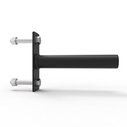 A black steel horn storage bracket for Apollo racks, with two bolt holes for mounting.