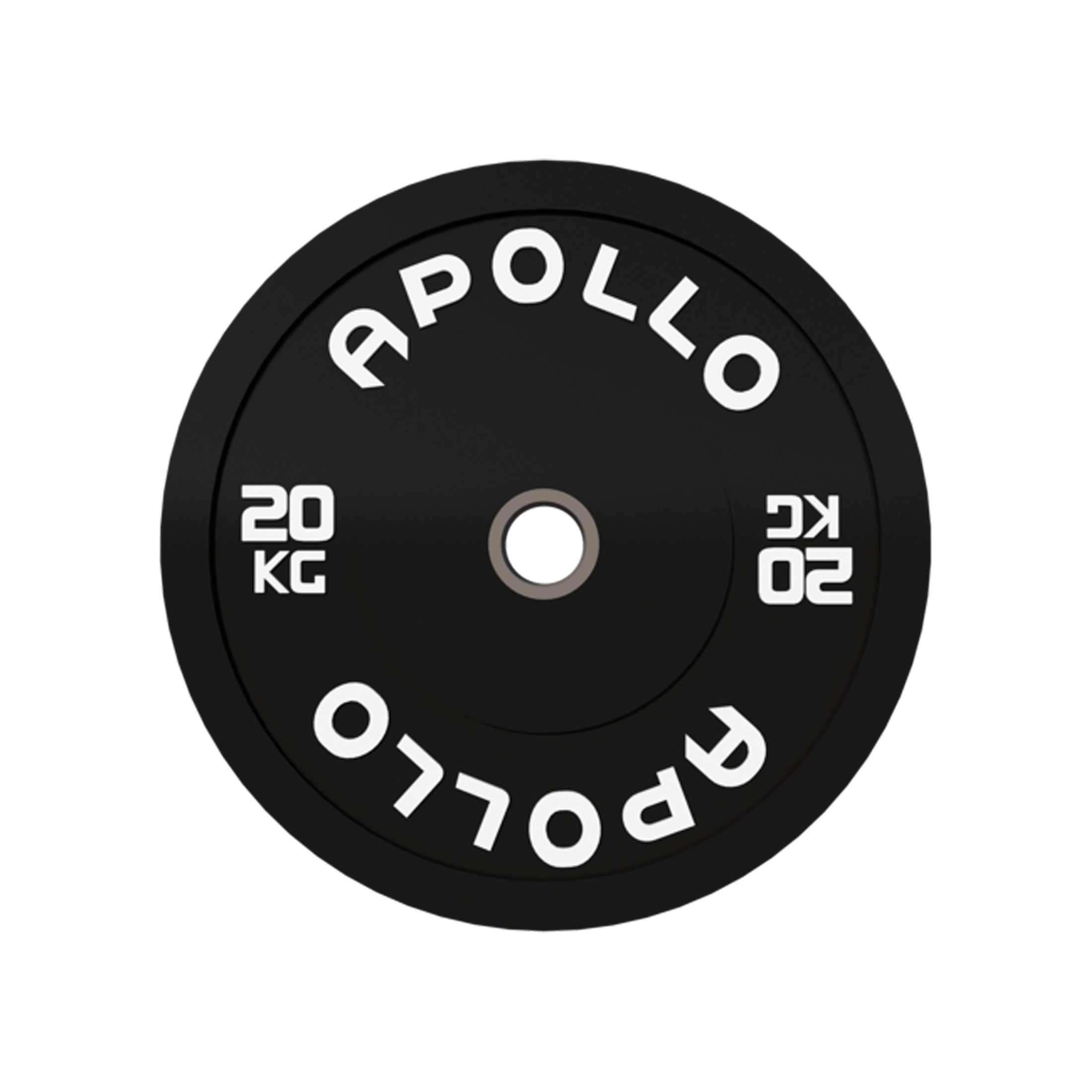 A black bumper plate weightlifting plate with the brand name 'Apollo' and the weight '20 KG' printed on it.