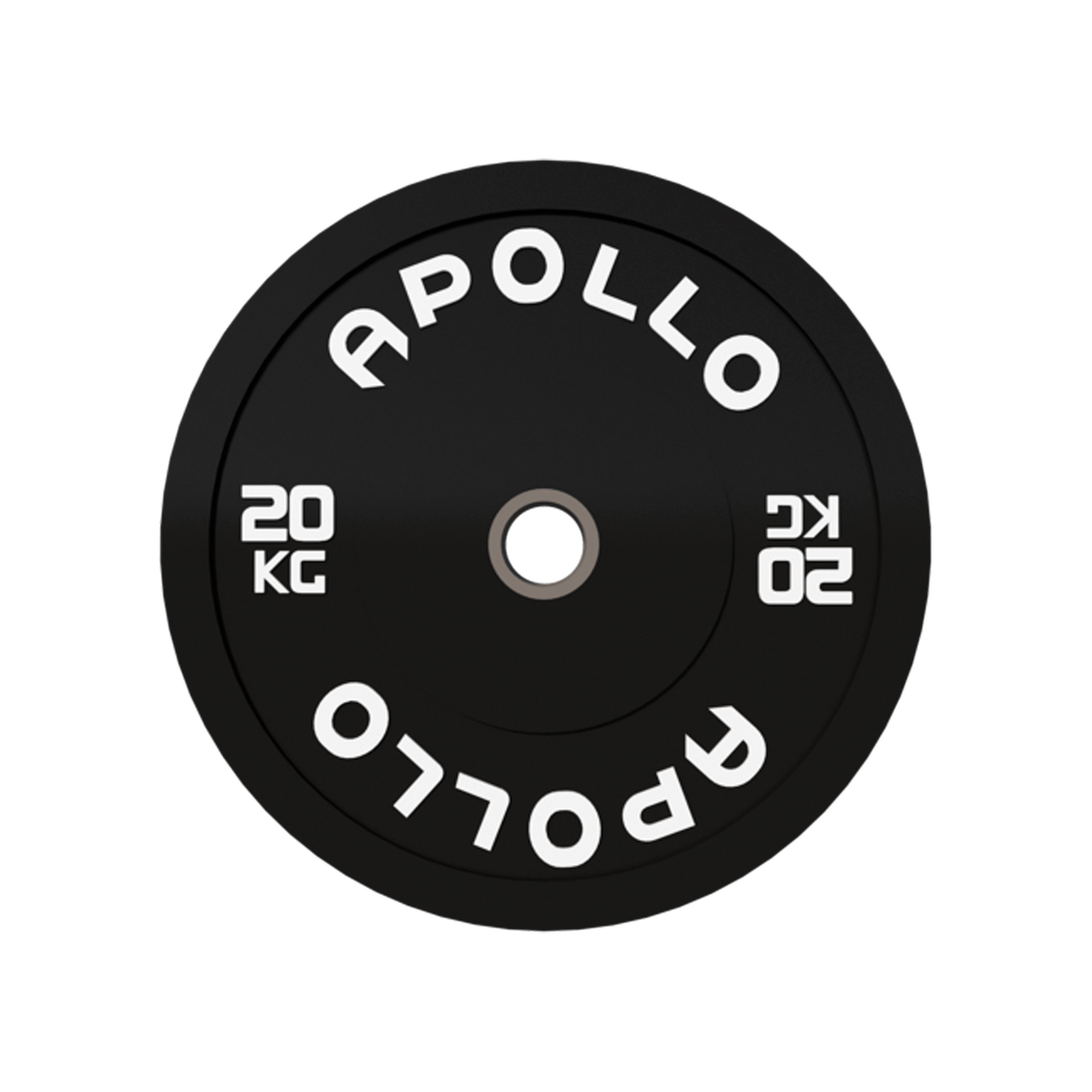 A black bumper plate weightlifting plate with the brand name 'Apollo' and the weight '20 KG' printed on it.