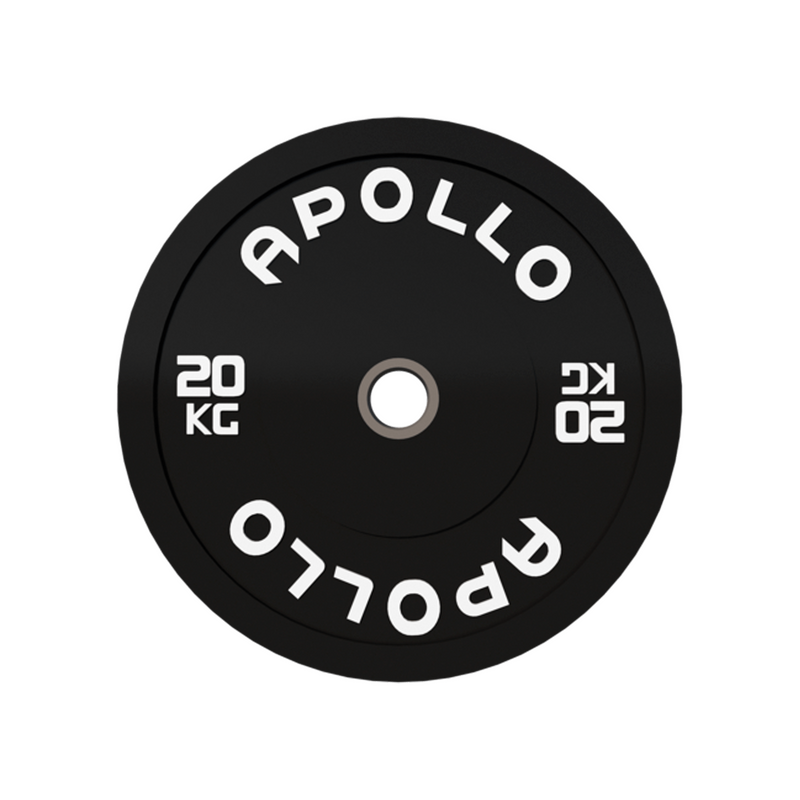 A black bumper plate weightlifting plate with the brand name 'Apollo' and the weight '20 KG' printed on it.
