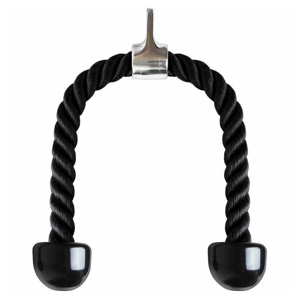 A black tricep rope with metal hooks on both ends, designed for use with a pulley or multi-gym machine.