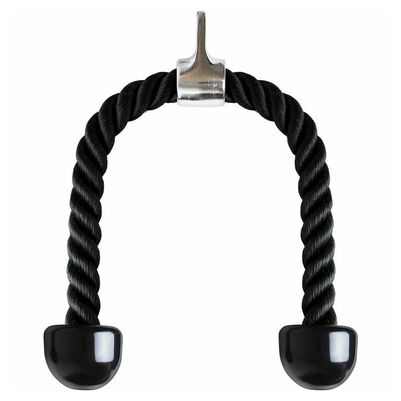 A black tricep rope with metal hooks on both ends, designed for use with a pulley or multi-gym machine.