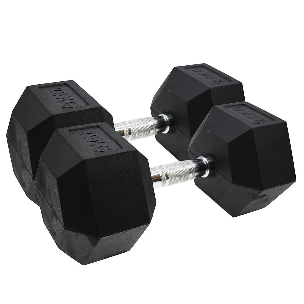 A set of black hex dumbbells with rubber coating and metal handles, accompanied by a three-tier storage rack.