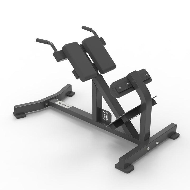 A black 45 degree hyper extension bench with Apollo branding.