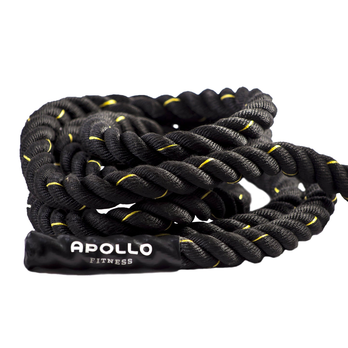 A coiled black battle rope with yellow accents, branded with the name 'Apollo' on the rope.