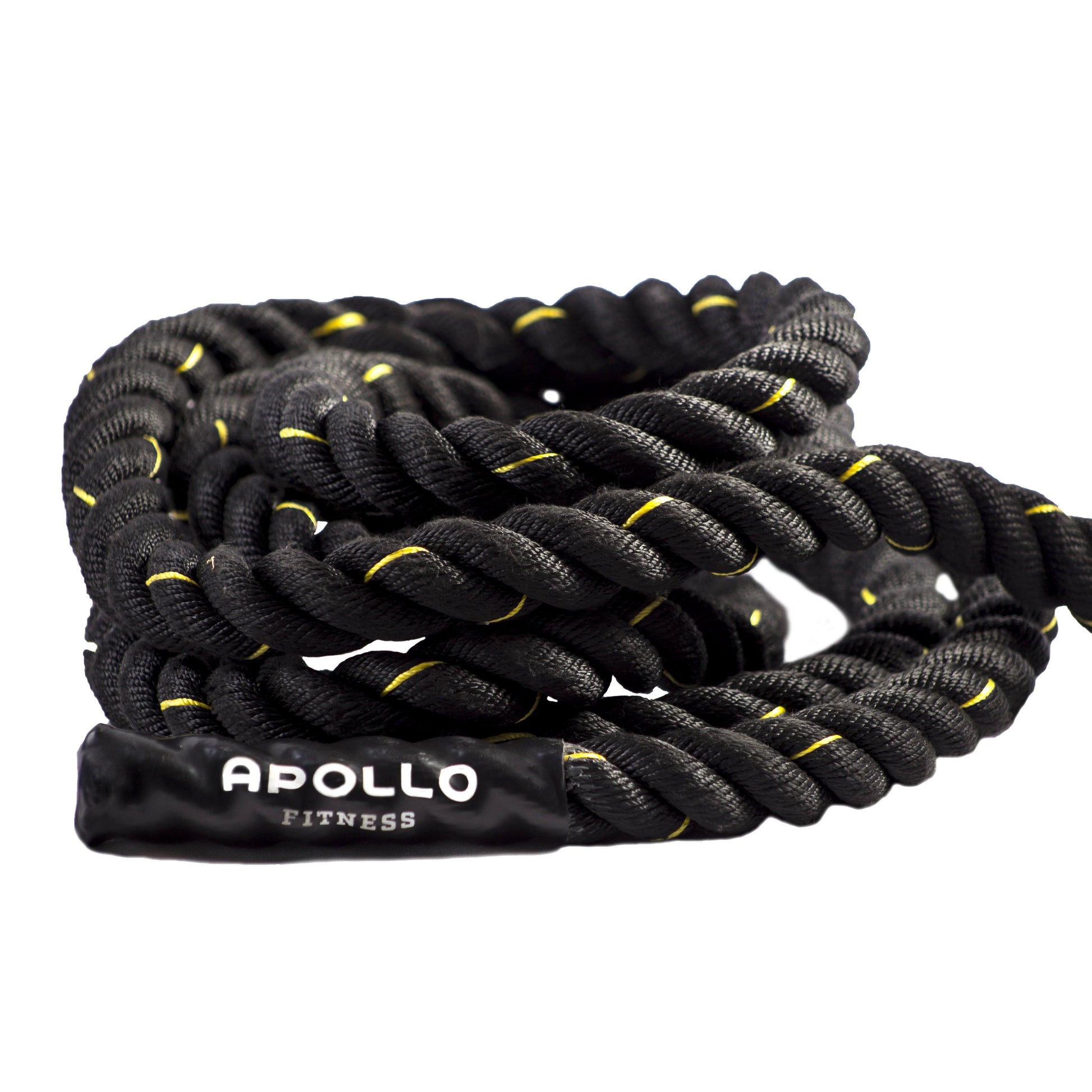 A coiled black battle rope with yellow accents, branded with the name 'Apollo' on the rope.