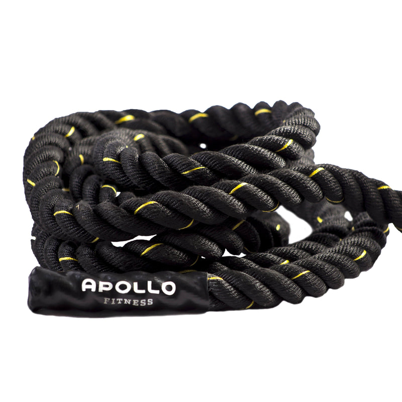 A coiled black battle rope with yellow accents, branded with the name 'Apollo' on the rope.