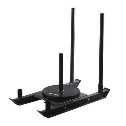 A black Apollo Prowler sled with adjustable handles and weight plate holders.