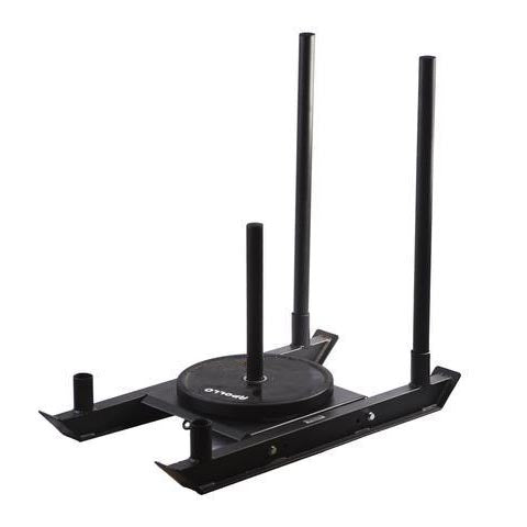 A black Apollo Prowler sled with adjustable handles and weight plate holders.